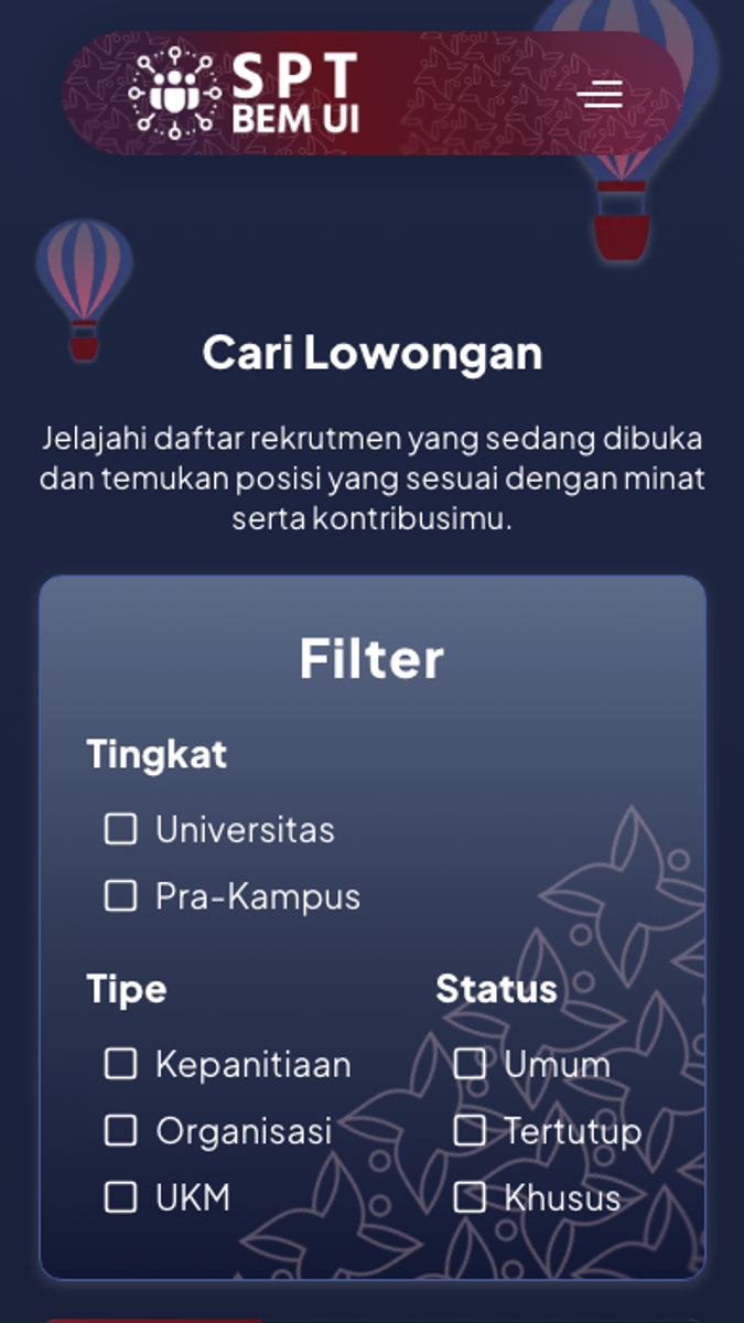 SPT BEM UI, mobile view 2